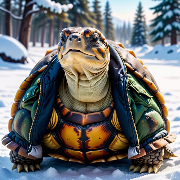 Foto de una tortuga en una chaqueta en la nieve