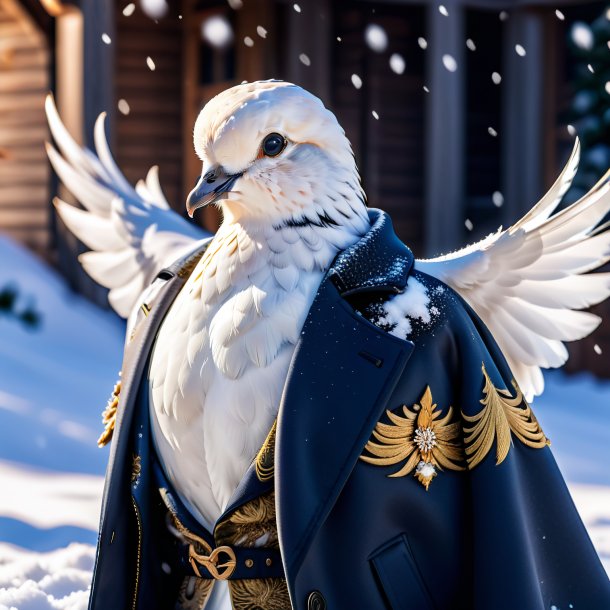 Picture of a dove in a jacket in the snow