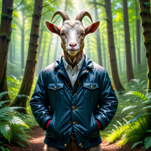 Image of a goat in a jacket in the forest