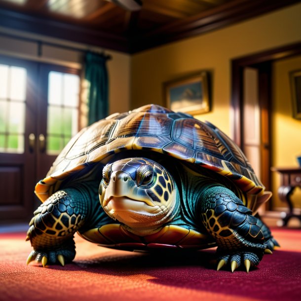 Photo of a turtle in a belt in the house