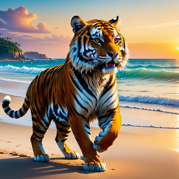 Retrato de uma dança de um tigre na praia