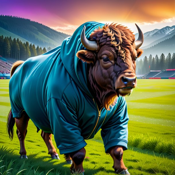 Photo of a bison in a hoodie on the field