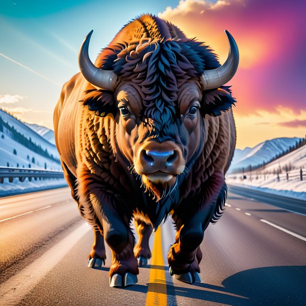 Image of a bison in a gloves on the highway