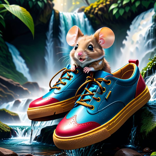 Picture of a mouse in a shoes in the waterfall