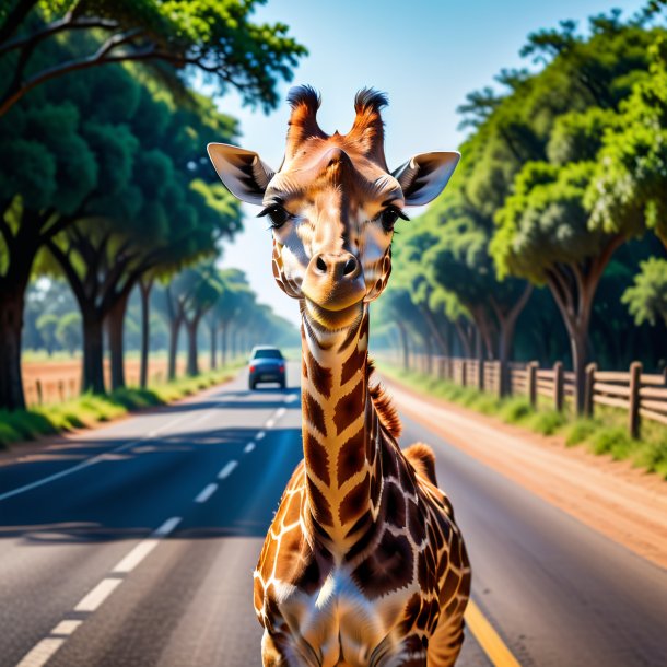 Retrato de um sorriso de uma girafa na estrada