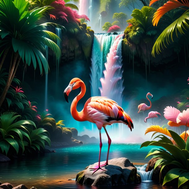 Picture of a smoking of a flamingo in the waterfall