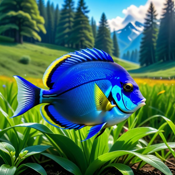 Picture of a blue tang in a coat in the meadow