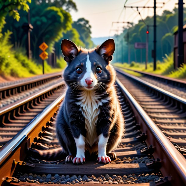 Imagem de uma espera de um gambá nos trilhos ferroviários