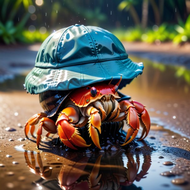 Image of a hermit crab in a cap in the puddle