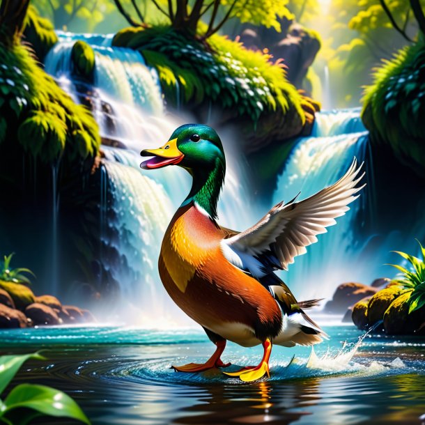 Photo of a dancing of a duck in the waterfall