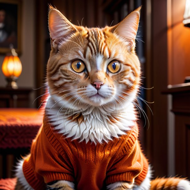 Foto de um gato em um suéter laranja