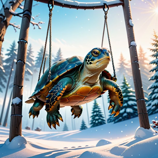 Pic of a swinging on a swing of a turtle in the snow