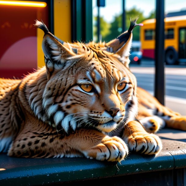 Pic d'un sommeil d'un lynx sur l'arrêt de bus