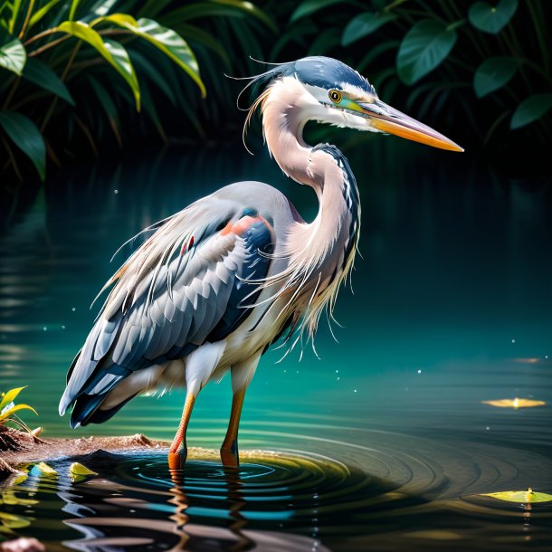 Picture of a heron in a gloves in the water