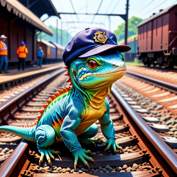 Drawing of a lizard in a cap on the railway tracks