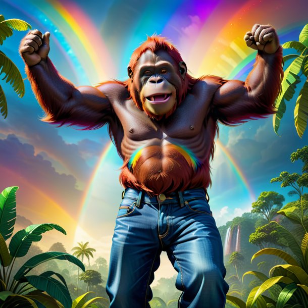 Illustration of a orangutan in a jeans on the rainbow