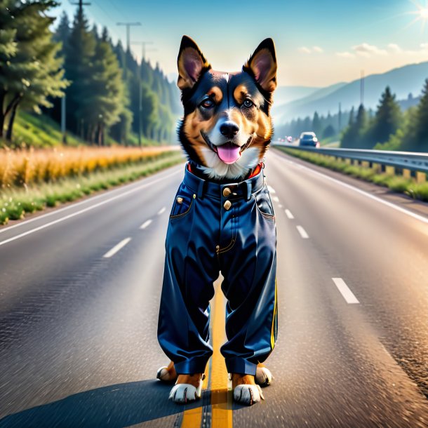 Pic of a dog in a trousers on the highway