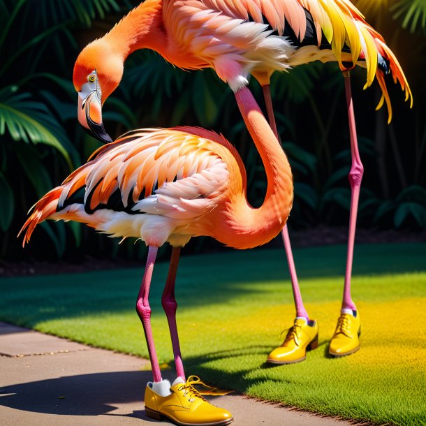 Photo of a flamingo in a yellow shoes