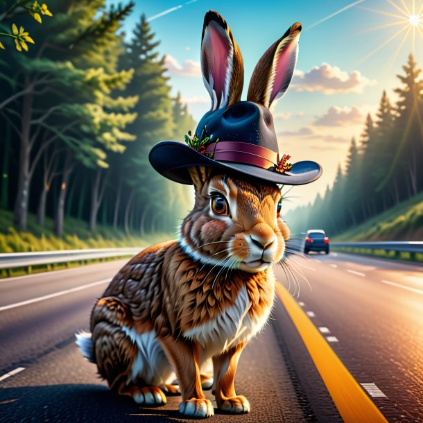 Illustration of a hare in a hat on the highway