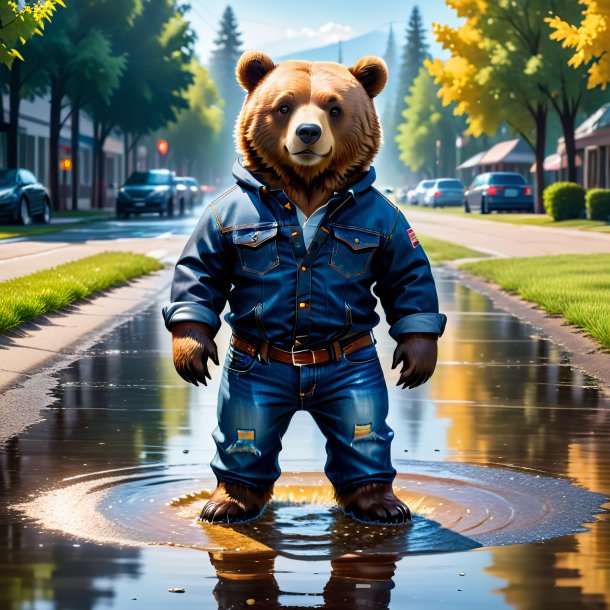 Pic of a bear in a jeans in the puddle