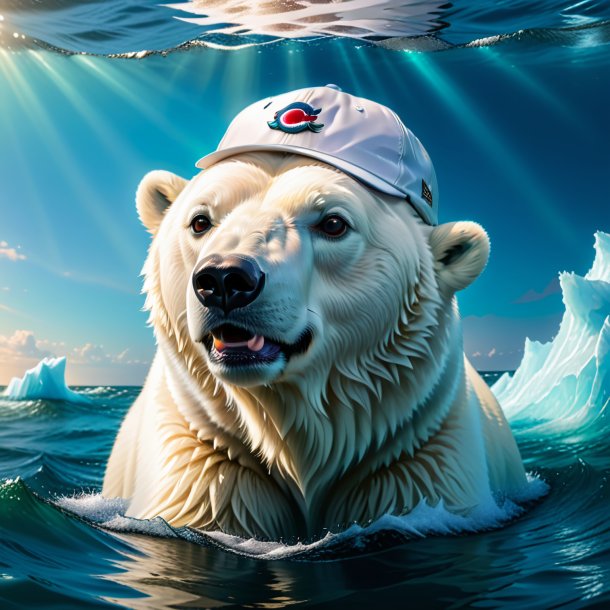 Pic of a polar bear in a cap in the sea