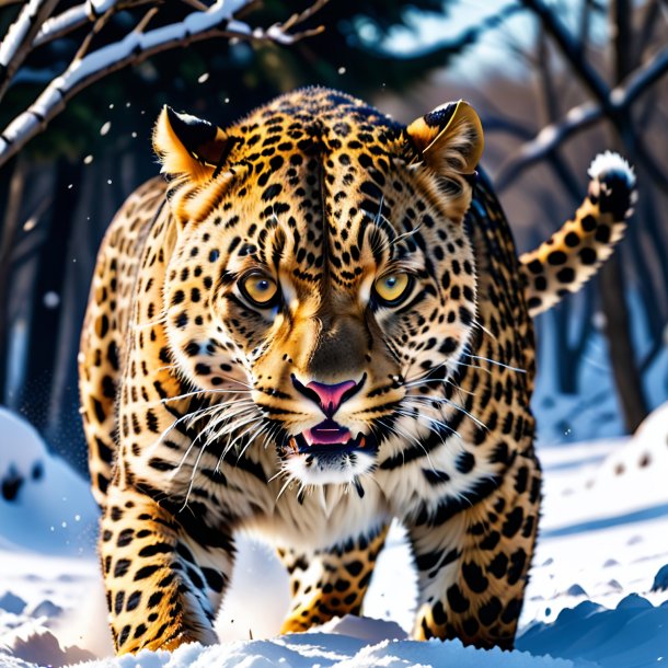 Picture of a angry of a leopard in the snow