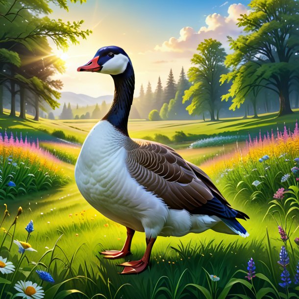 Illustration of a goose in a dress in the meadow