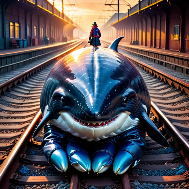 Picture of a whale in a gloves on the railway tracks