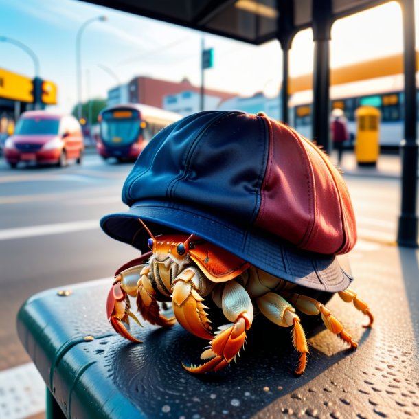 Imagem de um caranguejo eremita em um boné no ponto de ônibus