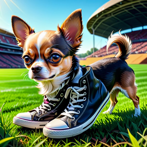 Drawing of a chihuahua in a shoes on the field