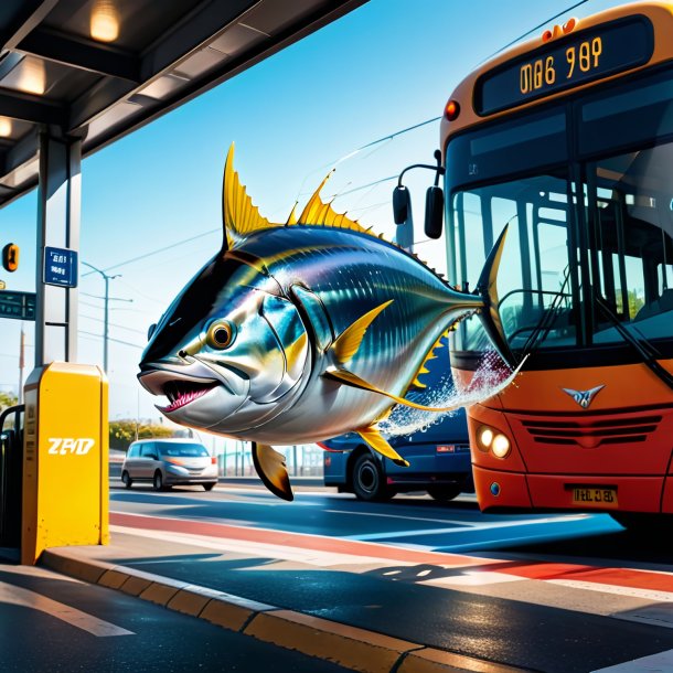 Image of a jumping of a tuna on the bus stop