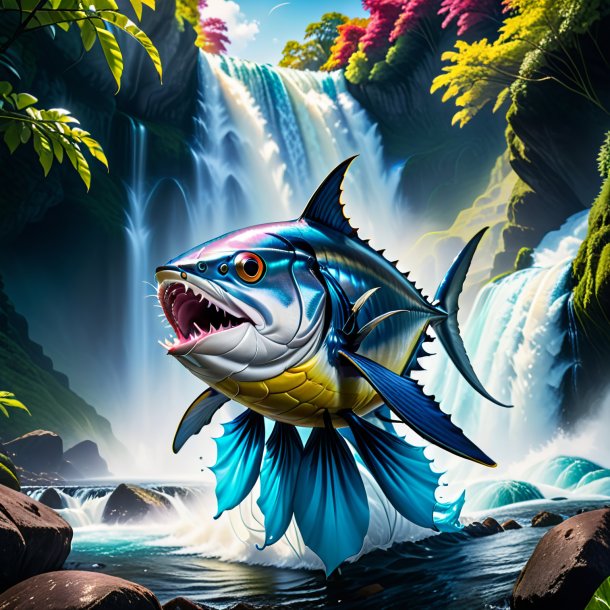 Image of a tuna in a gloves in the waterfall