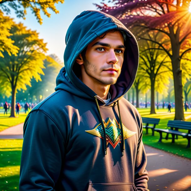 Foto de un lucio en una sudadera con capucha en el parque