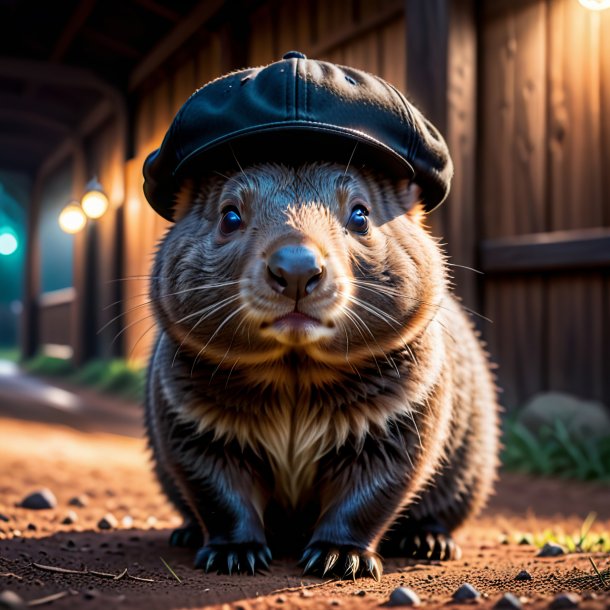 Pic of a wombat in a black cap