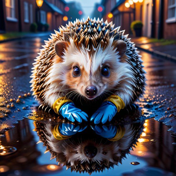 Picture of a hedgehog in a gloves in the puddle