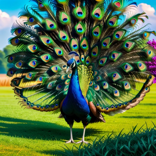 Photo of a waiting of a peacock on the field