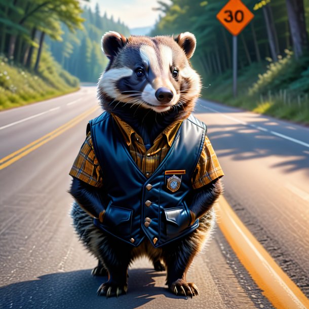 Drawing of a badger in a vest on the road