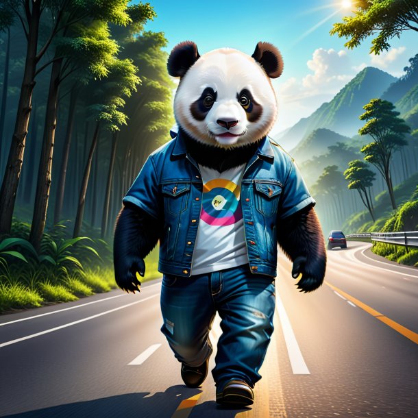 Illustration of a giant panda in a jeans on the road