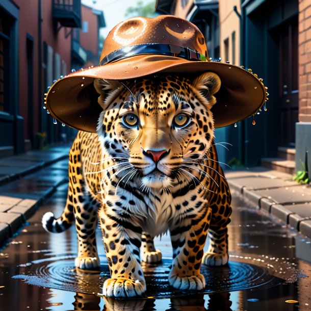 Drawing of a leopard in a hat in the puddle