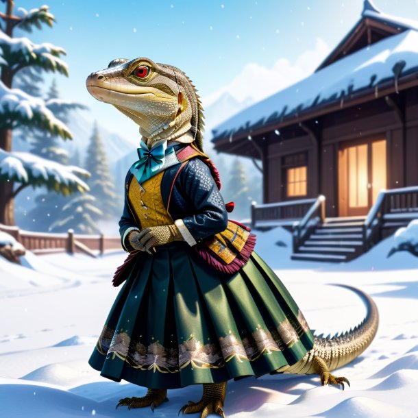 Drawing of a monitor lizard in a skirt in the snow