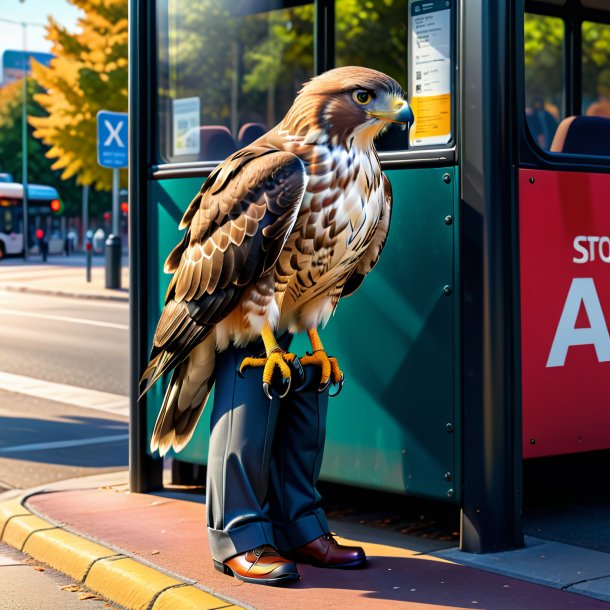 Desenho de um falcão em uma calça na parada de ônibus