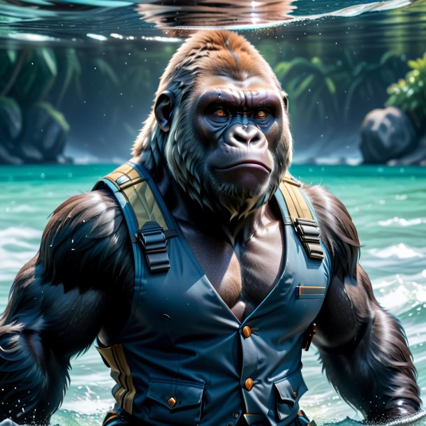 Photo of a gorilla in a vest in the water