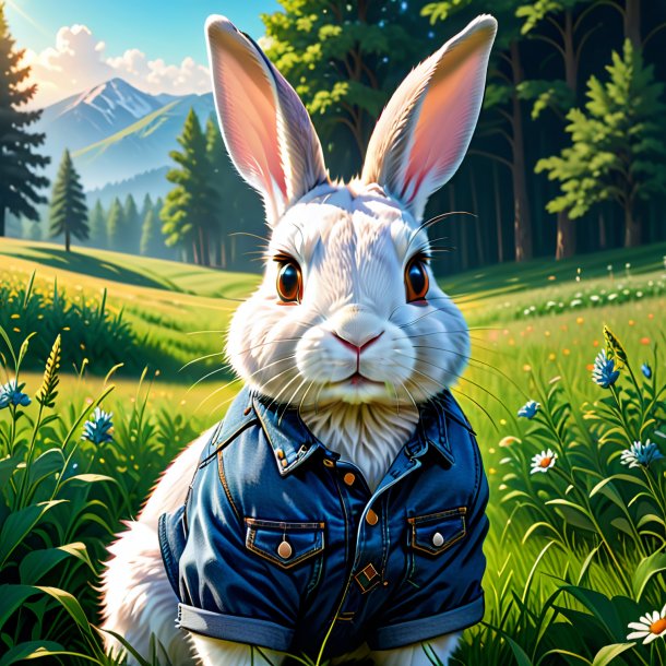 Illustration d'un lapin dans un jean dans la prairie