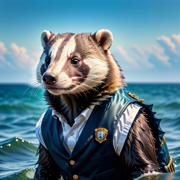 Image of a badger in a vest in the sea