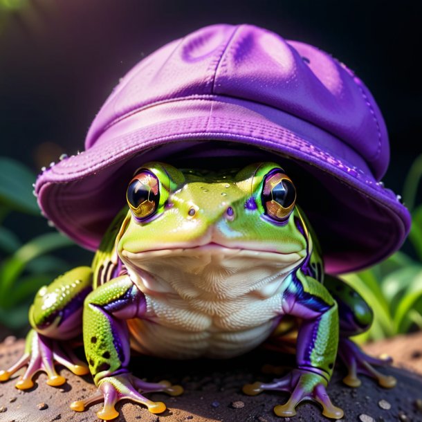 Foto de una rana en una gorra púrpura