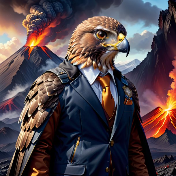 Illustration of a hawk in a jacket in the volcano