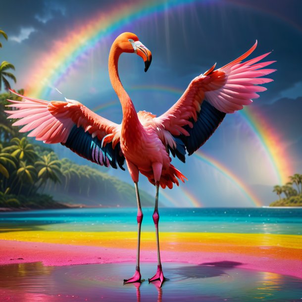 Image of a dancing of a flamingo on the rainbow