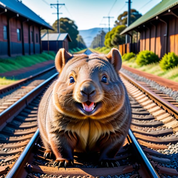 Imagem de um sorriso de um wombat nos trilhos ferroviários