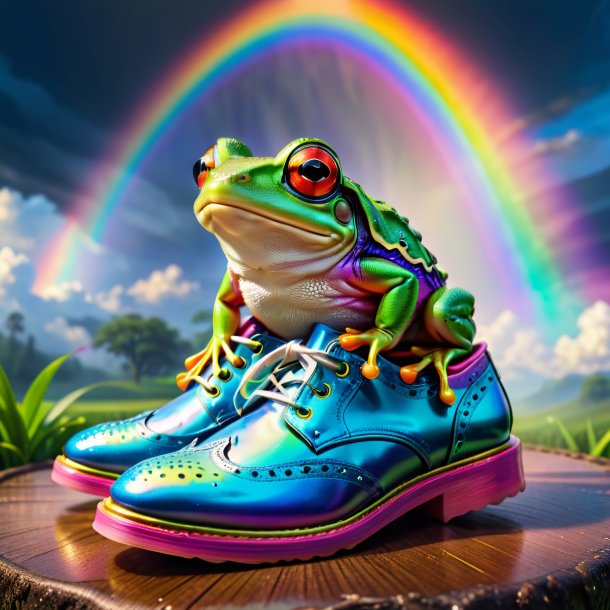 Pic d'une grenouille dans une chaussure sur l'arc-en-ciel