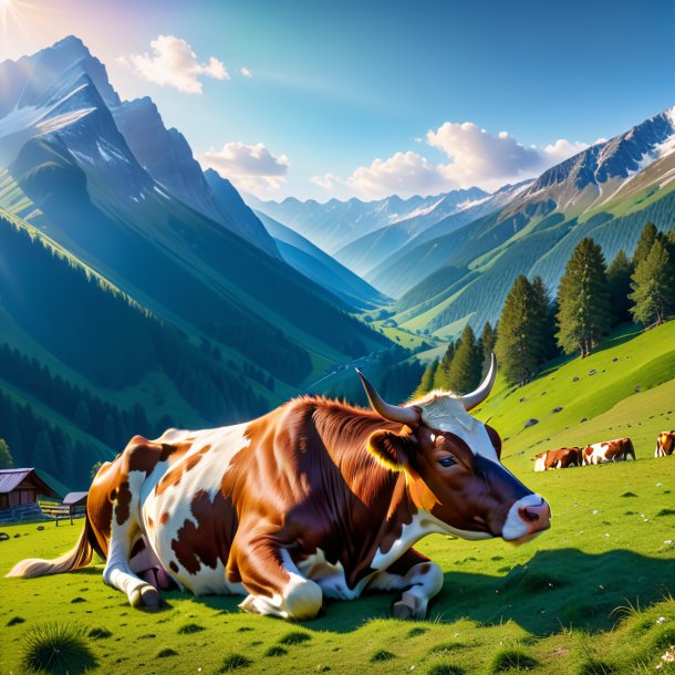 Pic d'un sommeil d'une vache dans les montagnes